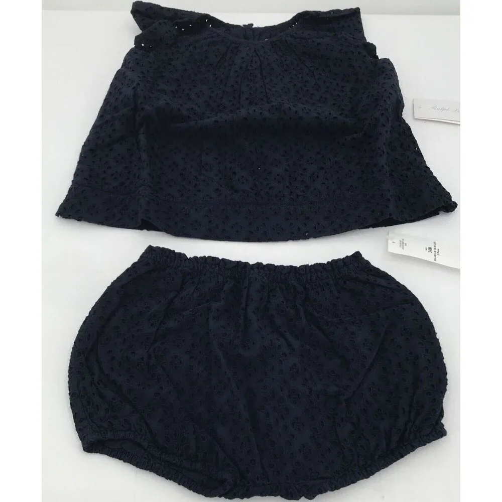 Ralph Lauren Dress‎ Bloomers Baby Girls Size 24 Months Blue Eyelet Short Sleeve